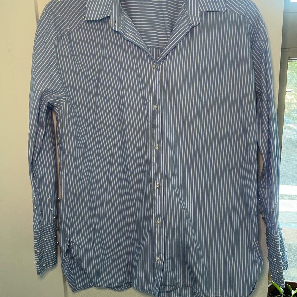 Women’s Blue Striped Shirt Pearl Embellished